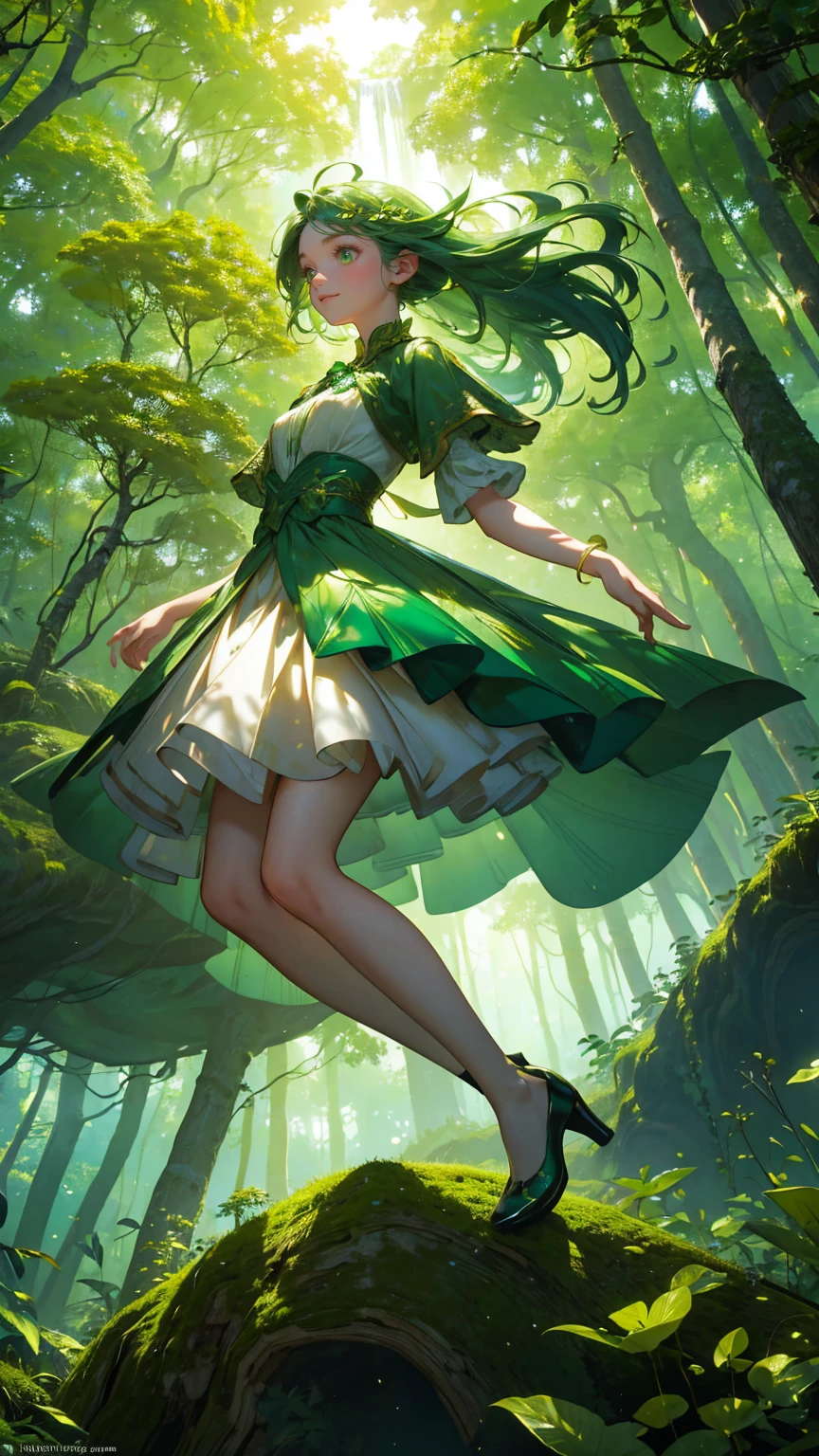 A beautiful, cute girl with an excited expression, wearing a whimsical green forest-themed outfit made of leaves and natural elements, like vines and small branches. She is joyfully jumping in the air, surrounded by a cascade of green glowing coins falling from above. Below her, a magical forest clearing with a small waterfall and a pond sparkles in shades of green. Towering trees with lush green canopies and oversized green mushrooms fill the background, while beams of green light shoot upward in a vibrant burst. The entire scene is immersed in various green tones, from her dress to the trees and the water, creating a lively, enchanting, and otherworldly forest atmosphere."
