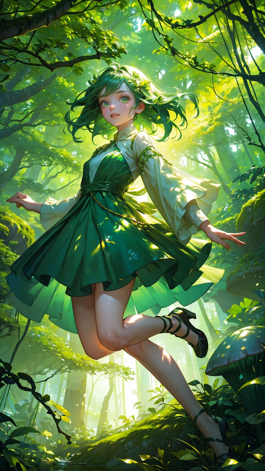 A beautiful, cute girl with an excited expression, wearing a whimsical green forest-themed outfit made of leaves and natural elements, like vines and small branches. She is joyfully jumping in the air, surrounded by a cascade of green glowing coins falling from above. Below her, a magical forest clearing with a small waterfall and a pond sparkles in shades of green. Towering trees with lush green canopies and oversized green mushrooms fill the background, while beams of green light shoot upward in a vibrant burst. The entire scene is immersed in various green tones, from her dress to the trees and the water, creating a lively, enchanting, and otherworldly forest atmosphere."