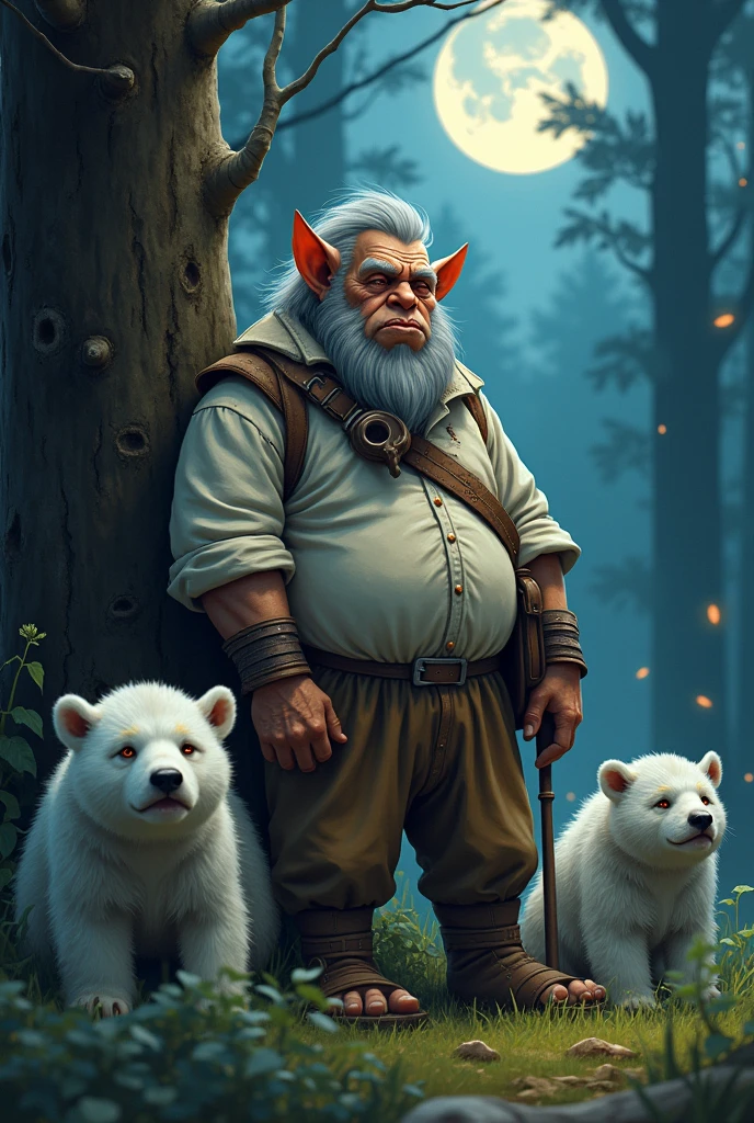human nature, Wildlife,Orcs，refugee， male,3，Old man， solitary, ((Round Face, The face is plump,Orange eyes,Light grey hair，Furry ears，Fluffy tail)), ((Endomorph, boring，Touch the fish)), （Poor people，Refugees，solitary独无力的，Torn and patched white shirt and torn pants), ((domestic white bear, 熊Orcs，) Fluffy fur, Fluffy), Bokeh, (high quality, high resolution, masterpiece), (Dynamic Lighting, Vibrant colors，Natural fill light), (Revitalize，Pitiful，tired), Full body picture (close up), cartoon, author：Takemoto Arashi, From zixiong, By Chunni, author：Empty Ghost，moonlight，The night is sleeping，Hungry，moonlight照射森林，Leaning against a tree，明亮的moonlight，Wild at night，（background：Spending the night in the forest）