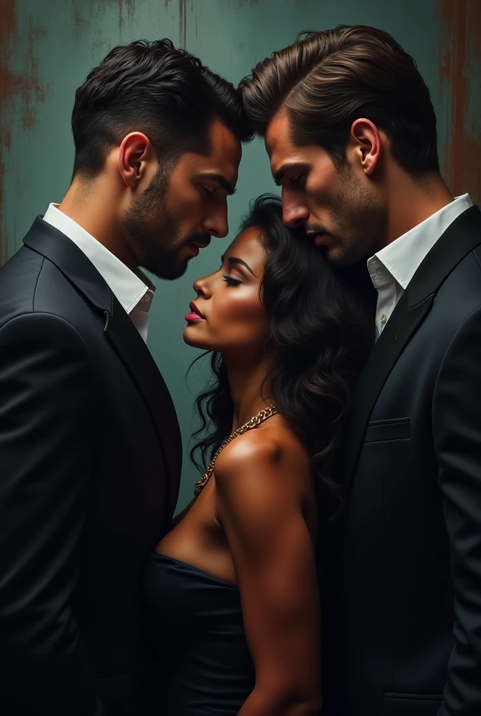 A dark romance book cover featuring two hot, tall, muscular mafia men competing for the same short, curly-haired, brown-skinned woman. 