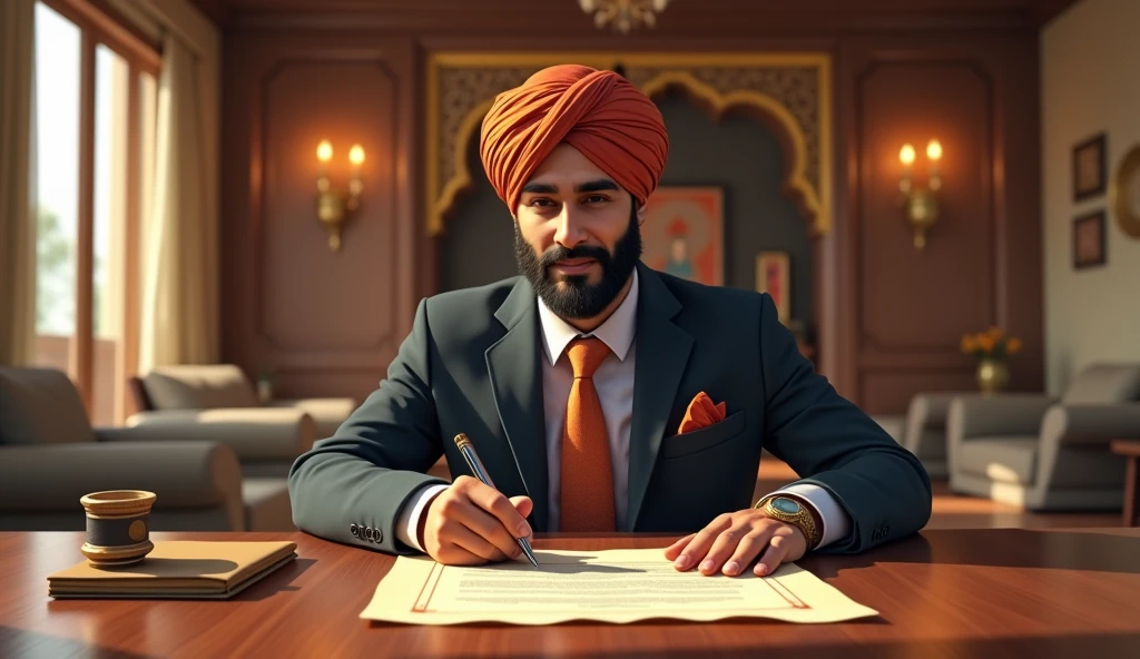 A Marwari businessman signing a partnership deal, with both traditional and modern elements in the scene.