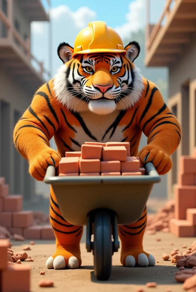 Animated adult tiger with his safety helmet carrying a wheelbarrow full of bricks