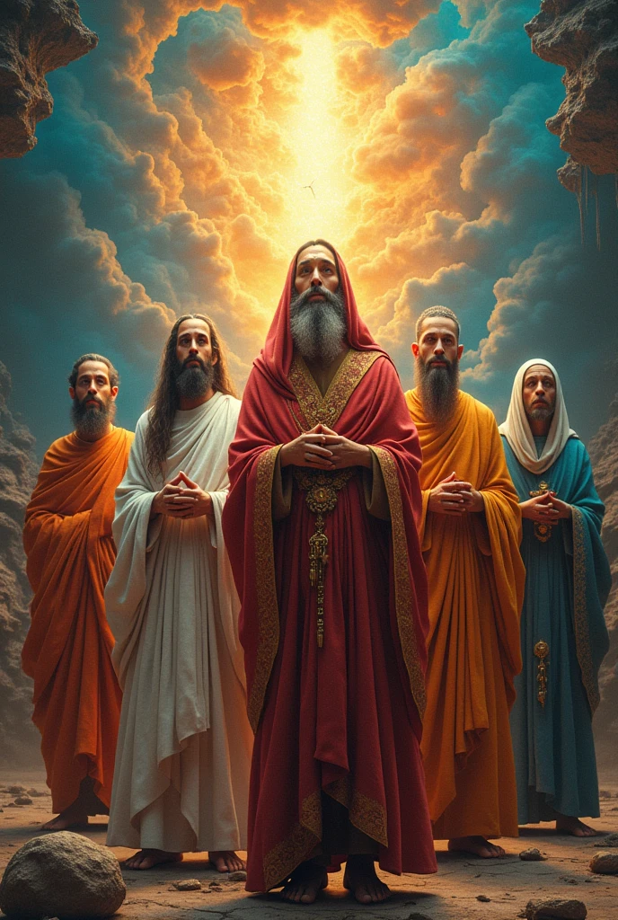 Create an image representation one individual from every major religions showing cultural relativism including Hinduism
