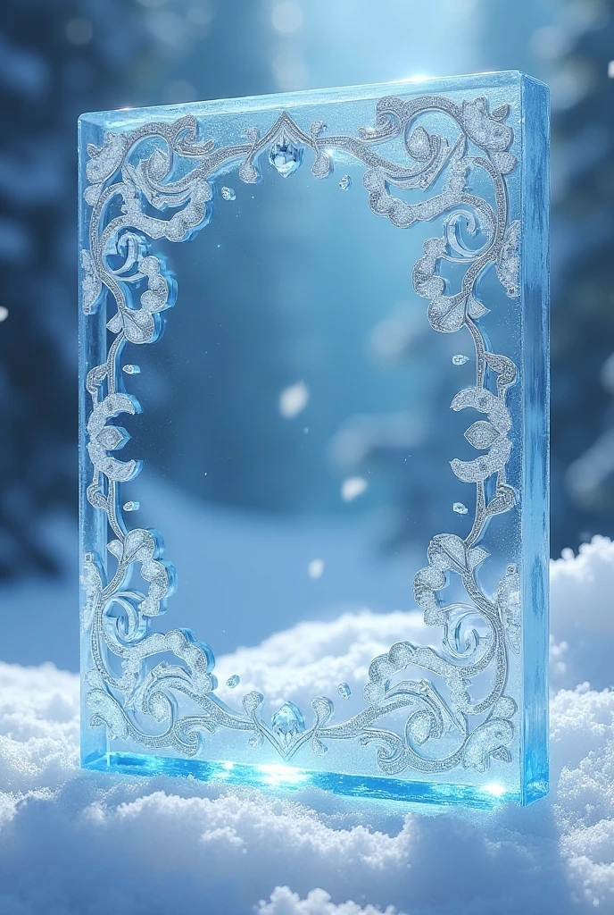 Ice themed card frame with diamonds and crystals and beautiful ice patterns and designs transparent no background hyperrealstic not very thick