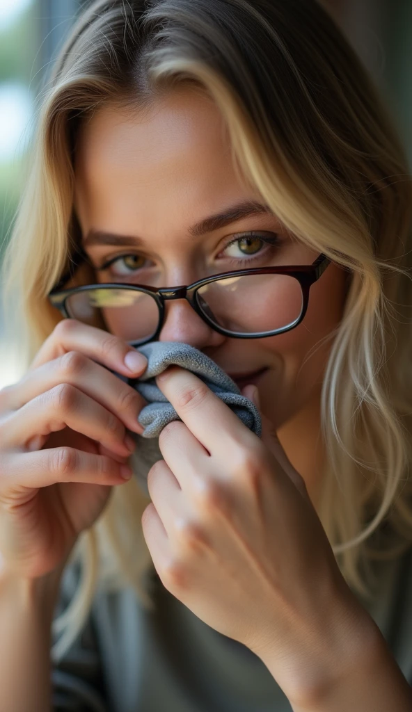 Color photo of a white American woman cleaning a spectacle with a cloth, capturing a close-up of the action, natural and realistic setting, mobile photograph, camera settings: iPhone 12 Pro, VSCO Cam app, indoor or outdoor lighting.