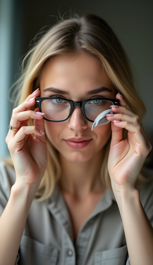 Color photo of a white American woman cleaning a spectacle with a cloth, capturing a close-up of the action, natural and realistic setting, mobile photograph, camera settings: iPhone 12 Pro, VSCO Cam app, indoor or outdoor lighting.