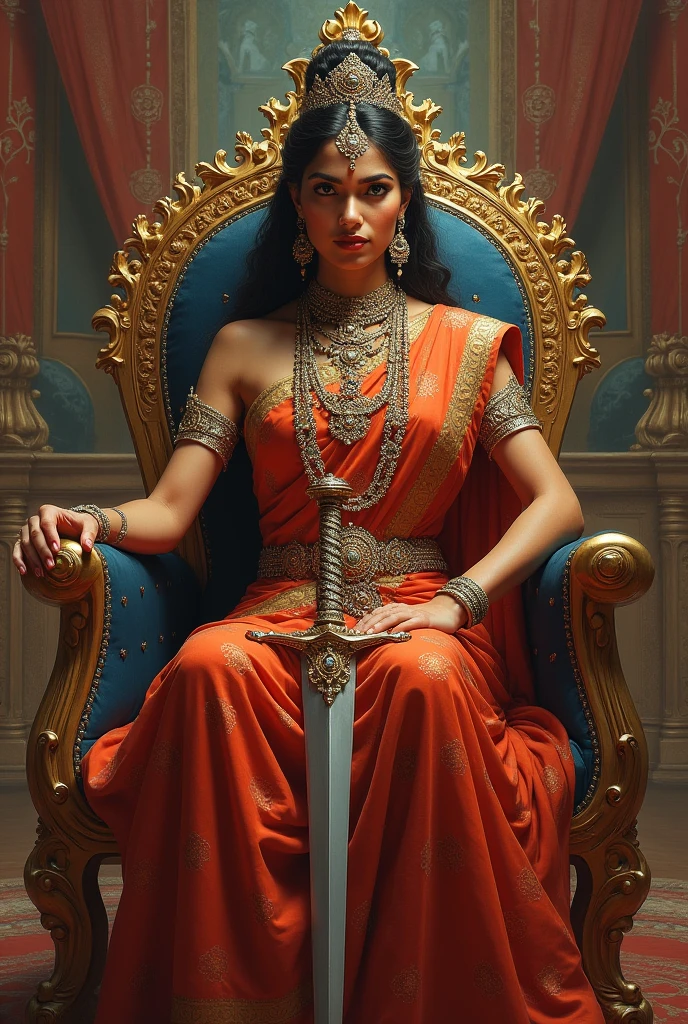 An Indian Queen with sword and sitting in chair