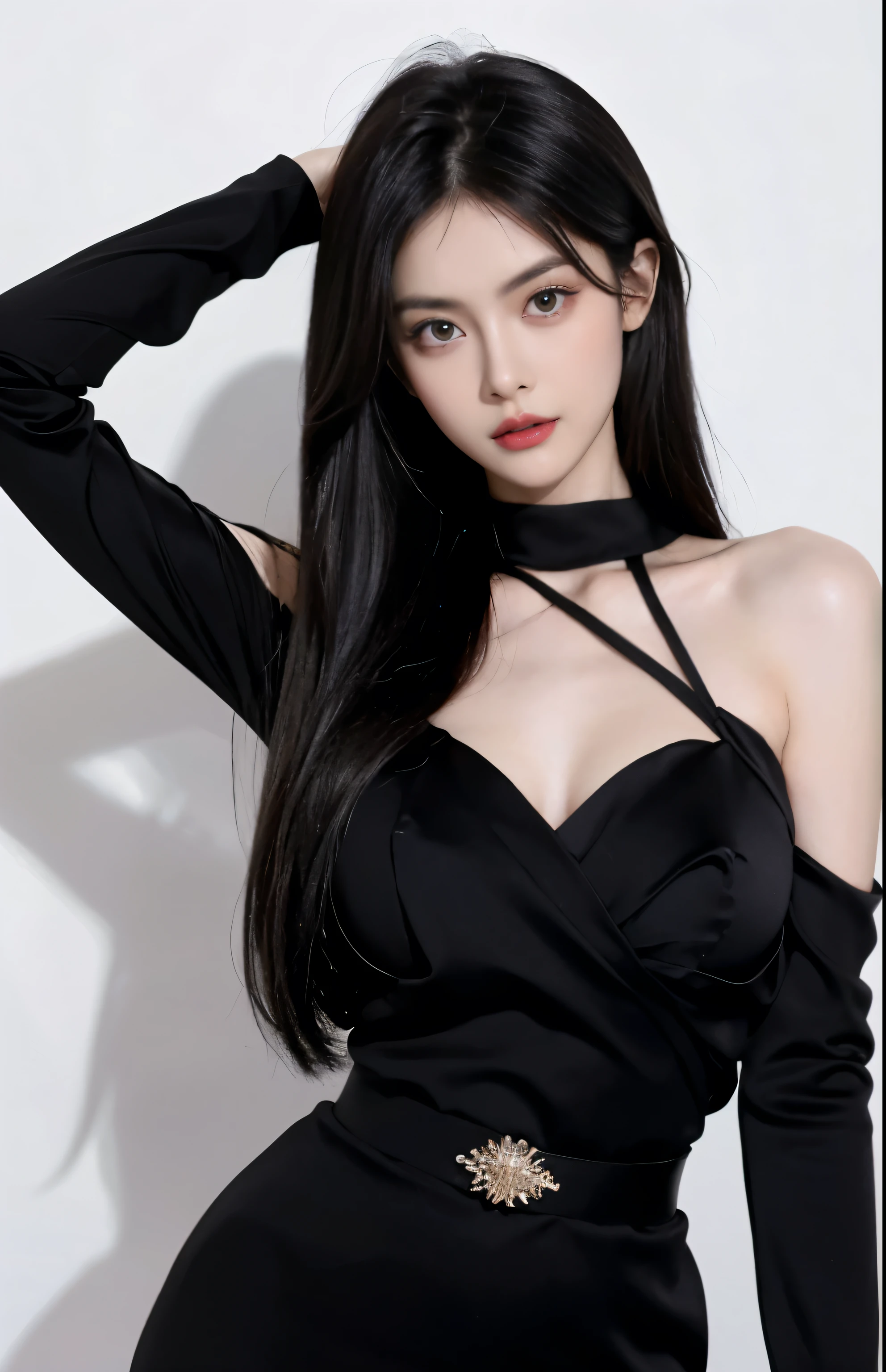 （lifelike,high resolution：1.3）， Slim girl， The face shape and eyes are super delicate,(Black Hair),Ruddy and shiny lips,(Pretty Face), (best quality), (Very detailed), (Extremely detailed CG unified 8k wallpaper),((Black sexy evening dress)),(White background),(cleveage),(Model Photos),Sexy look,big eyes,(permanent),(Slim waistline)，Eyes on the audience,Soft breasts,Very perfect breasts,Character-centered,White skin,Layered Hairstyle,Perfect body,A little fatter,full