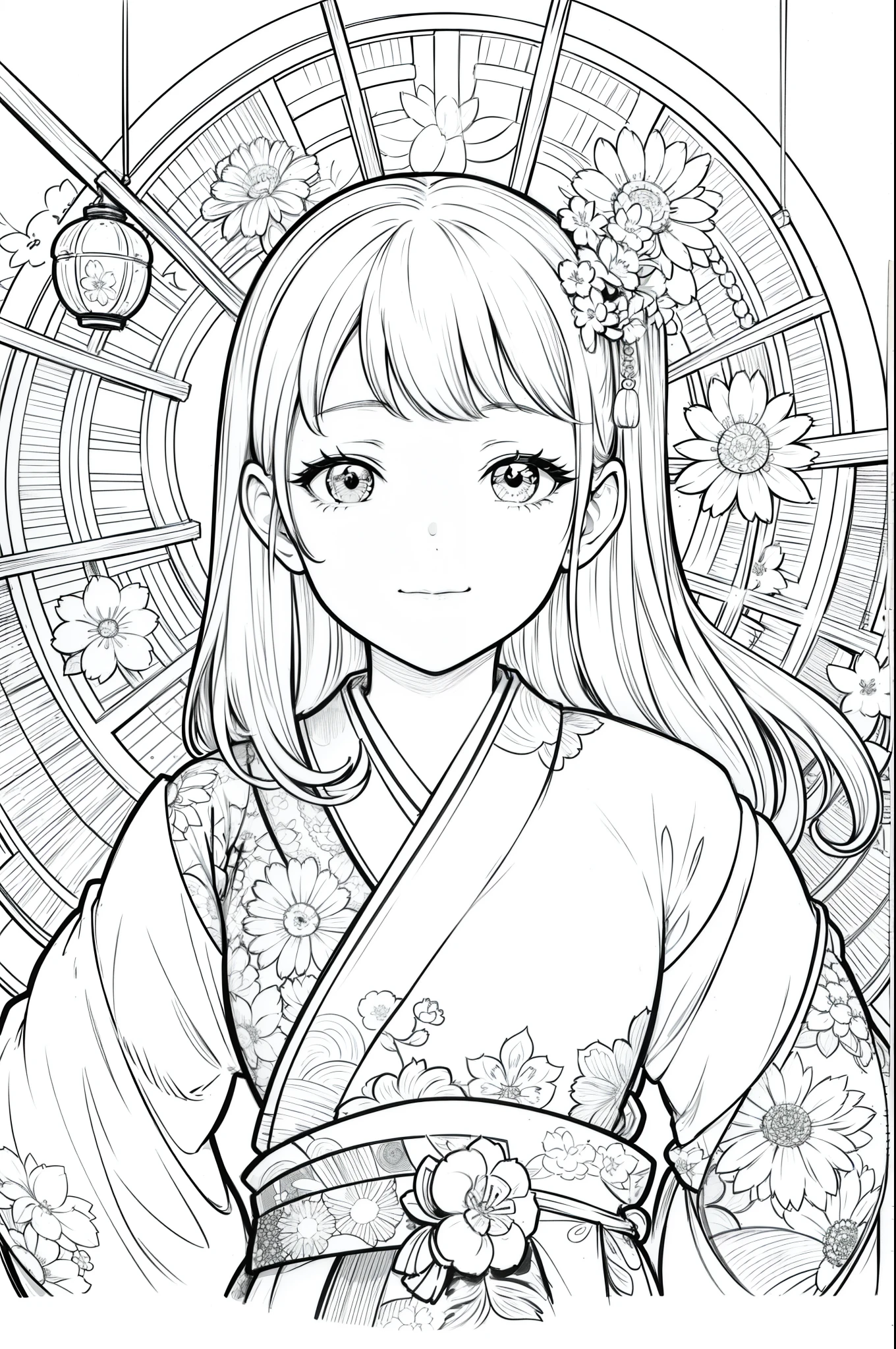 Masterpiece, top class, unique, cute, flowers, line drawing background, white background, monochrome, line drawing, ((sketch)), creepy, white eyes, create a monochrome coloring book that even adults can easily do, a realistic and cute ukiyo-e of a smiling girl in a kimono with a Ferris wheel at an amusement park in the background, hold it in your hand with your smartphone and convey Japanese culture.