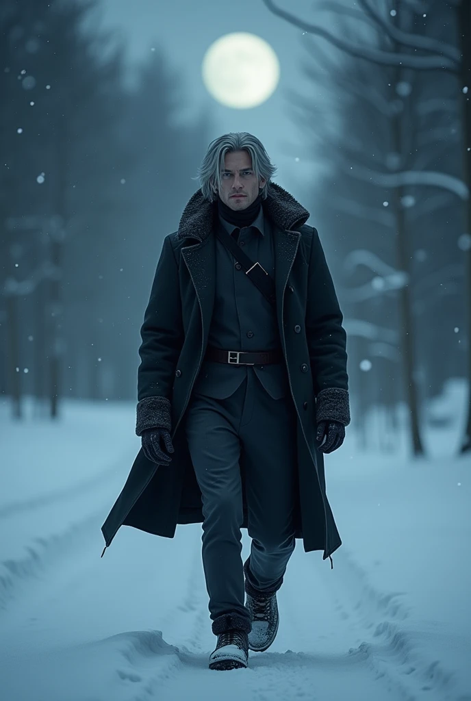 A dark cinematic scene of a beautiful masculine 1 guy with pale white skin,medium grey hair,bright blue eyes,with a dark grey winter outfit walking trough the snow at night