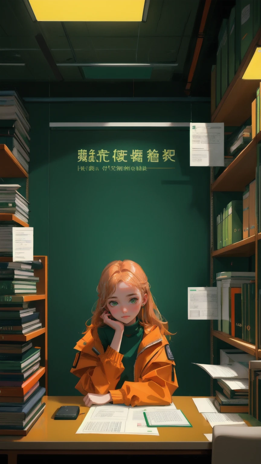 "Create an image of a diligent young woman seated at a cluttered desk in a densely packed, green-toned office. Her workspace is surrounded by overflowing shelves filled with books, documents, and various technological gadgets that reflect a deep engagement in research and data analysis. She is deeply focused on her computer screens, which display charts and crypto-related data. Her appearance is rugged yet intellectual, with her wearing a casual orange jacket over a green shirt. The green lighting in the office casts everything in hues of commitment and diligence, visually encapsulating the 'Do Your Own Research or Die' ethos in a tech or cryptocurrency environment, without explicitly showing any text.