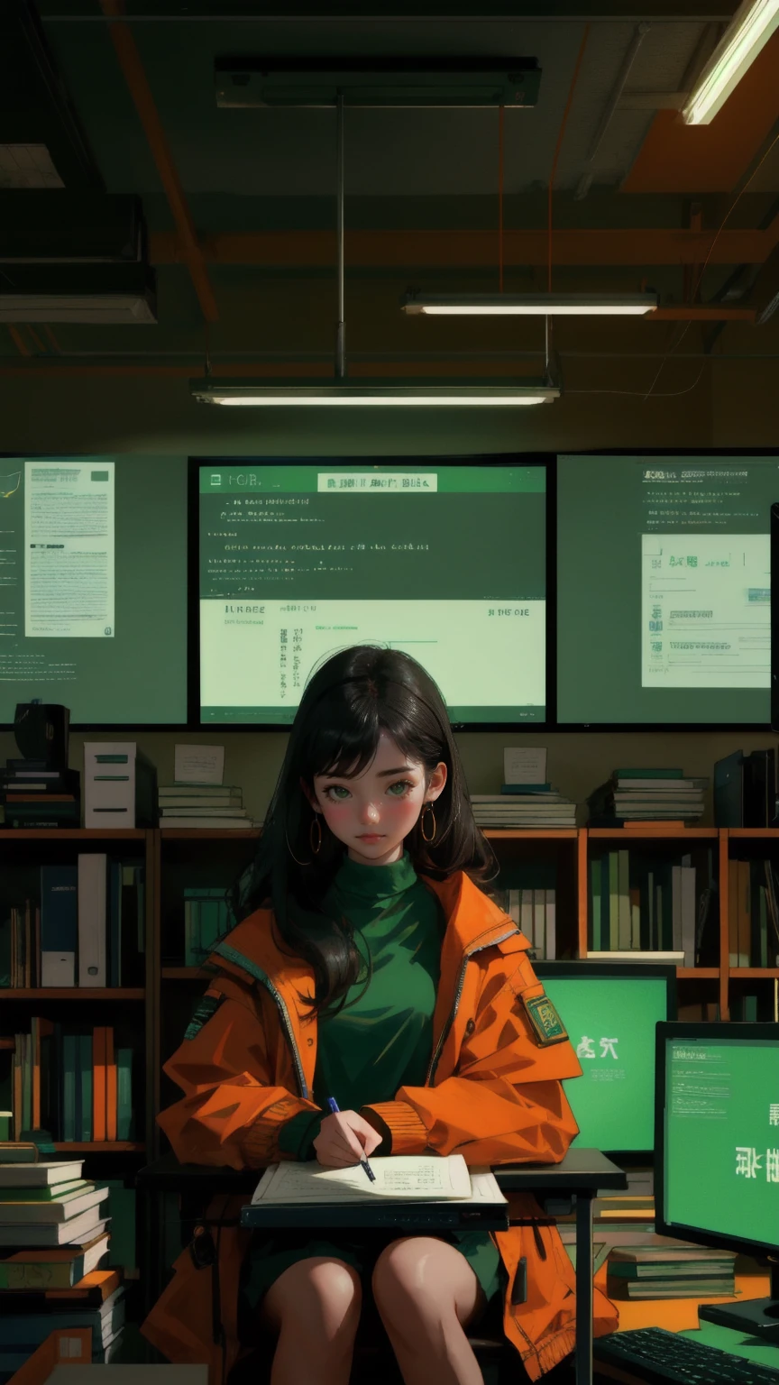 "Create an image of a diligent young woman seated at a cluttered desk in a densely packed, green-toned office. Her workspace is surrounded by overflowing shelves filled with books, documents, and various technological gadgets that reflect a deep engagement in research and data analysis. She is deeply focused on her computer screens, which display charts and crypto-related data. Her appearance is rugged yet intellectual, with her wearing a casual orange jacket over a green shirt. The green lighting in the office casts everything in hues of commitment and diligence, visually encapsulating the 'Do Your Own Research or Die' ethos in a tech or cryptocurrency environment, without explicitly showing any text.