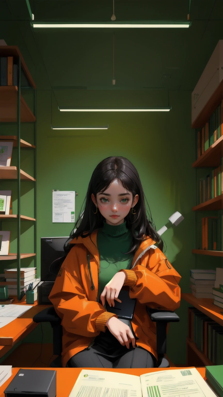 "Create an image of a diligent young woman seated at a cluttered desk in a densely packed, green-toned office. Her workspace is surrounded by overflowing shelves filled with books, documents, and various technological gadgets that reflect a deep engagement in research and data analysis. She is deeply focused on her computer screens, which display charts and crypto-related data. Her appearance is rugged yet intellectual, with her wearing a casual orange jacket over a green shirt. The green lighting in the office casts everything in hues of commitment and diligence, visually encapsulating the 'Do Your Own Research or Die' ethos in a tech or cryptocurrency environment, without explicitly showing any text.