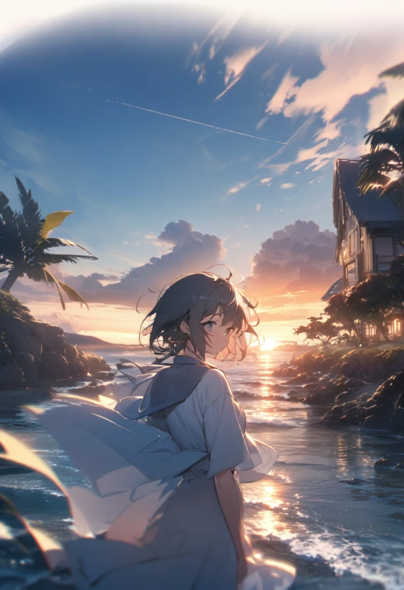 Small island beach、The swordsman appeared late.、Rivals getting impatient。In the background, the sun sets and the sky spreads out.