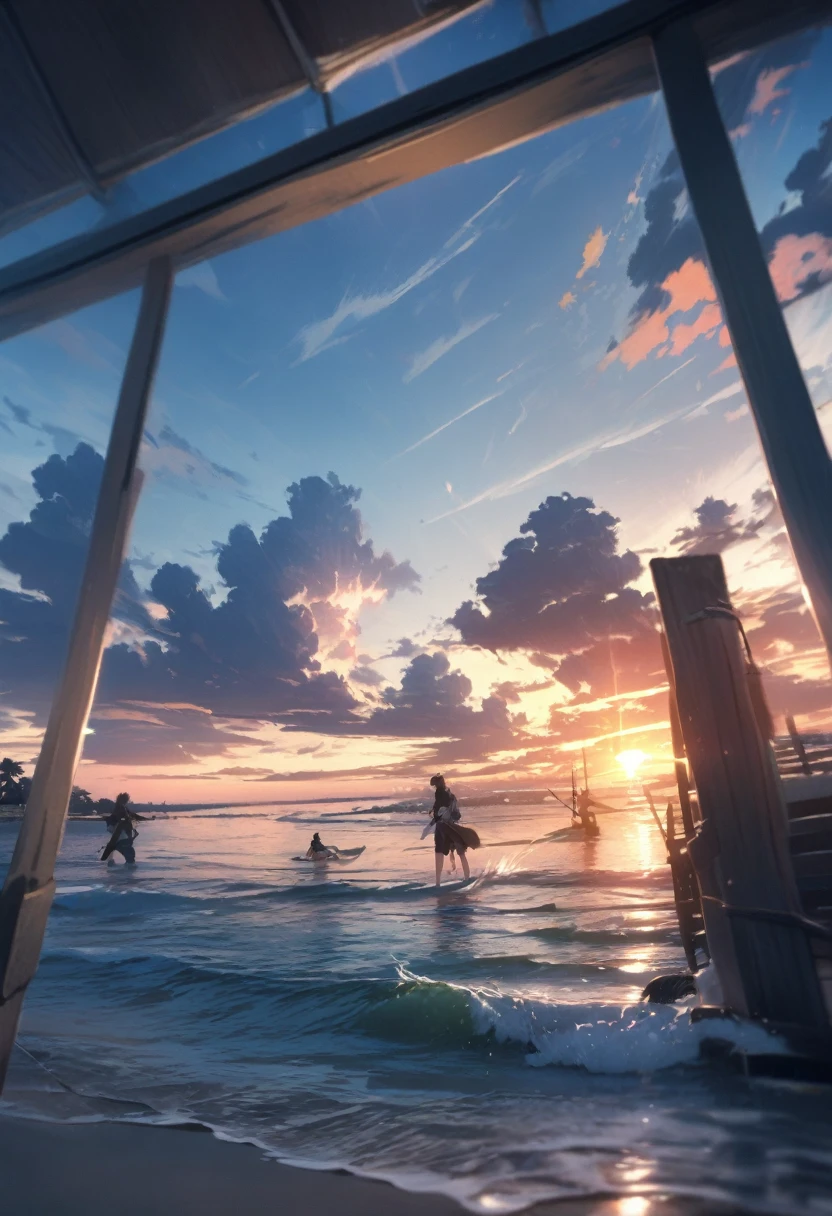 Small island beach、The swordsman appeared late.、Rivals getting impatient。In the background, the sun sets and the sky spreads out.