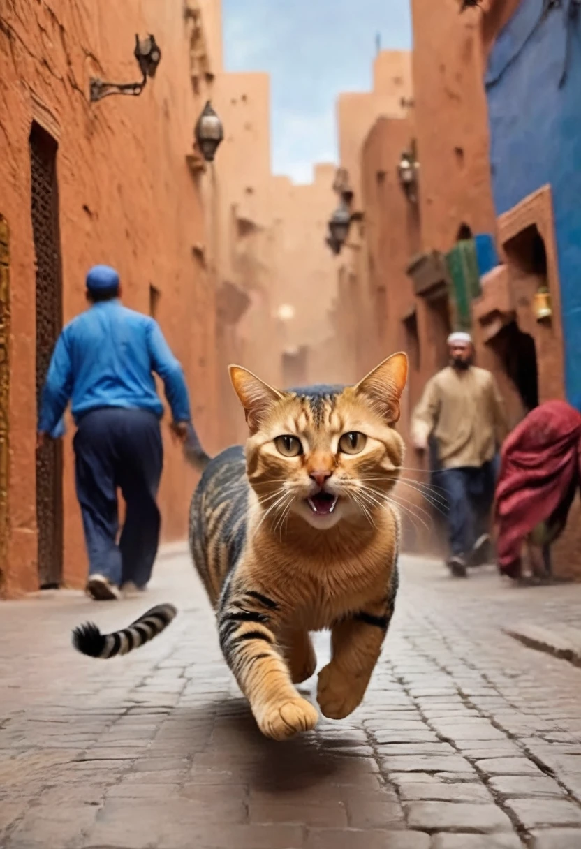 there is a Cat that is running down the street with Moroccan people chasing it, awesome Cat, Highly realistic photos, happy Cat, Cat attacking Marrakech, funny Cat, running Cat, !!! Cat!!!, !!!! Cat!!!!, Highly realistic photos, Real Life Photos, Ultra-realistic painting, Ultra-realistic photos, British Streets, Surreal painting