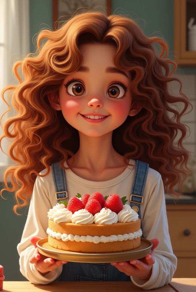 A girl with curly hair holding a cake 