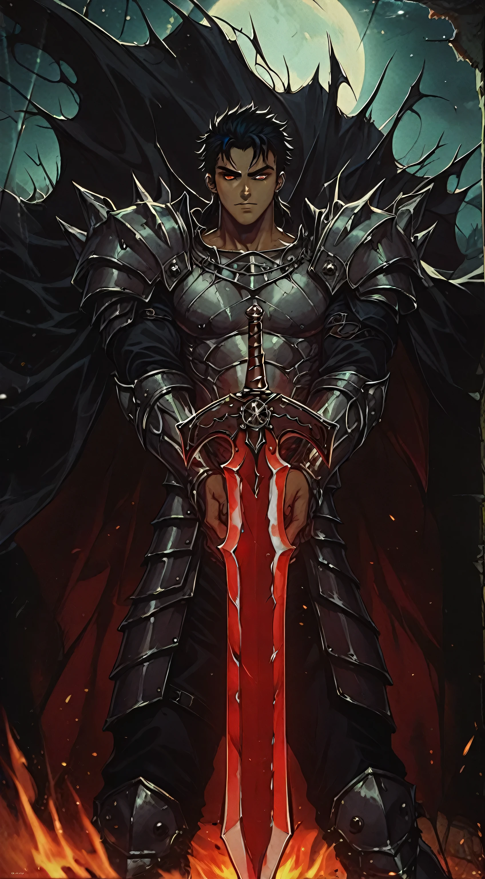 a close up of a person holding a sword in a fire, berserk skullknight black armor, dark skin,berserk art style, handsome guy in demon slayer art, male paladin, a human male paladin,hair tied back, by Yang J, ares with heavy armor and sword, anthropomorphic raven knight, with large sword, epic fantasy art style, holds a black sword