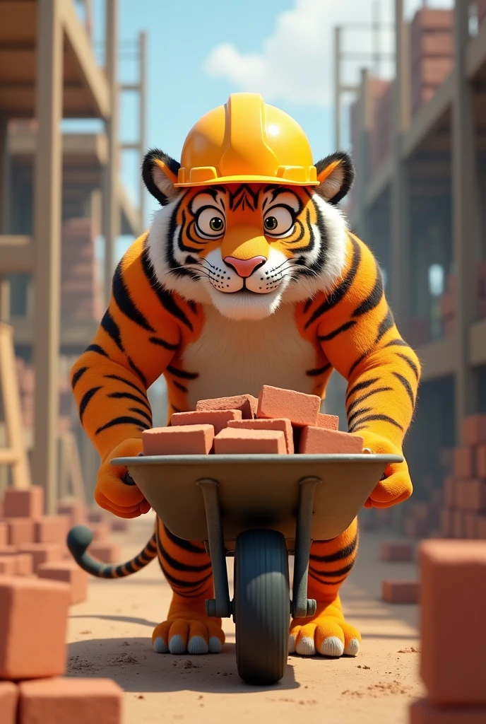 Animated adult tiger with his safety helmet carrying a wheelbarrow full of bricks