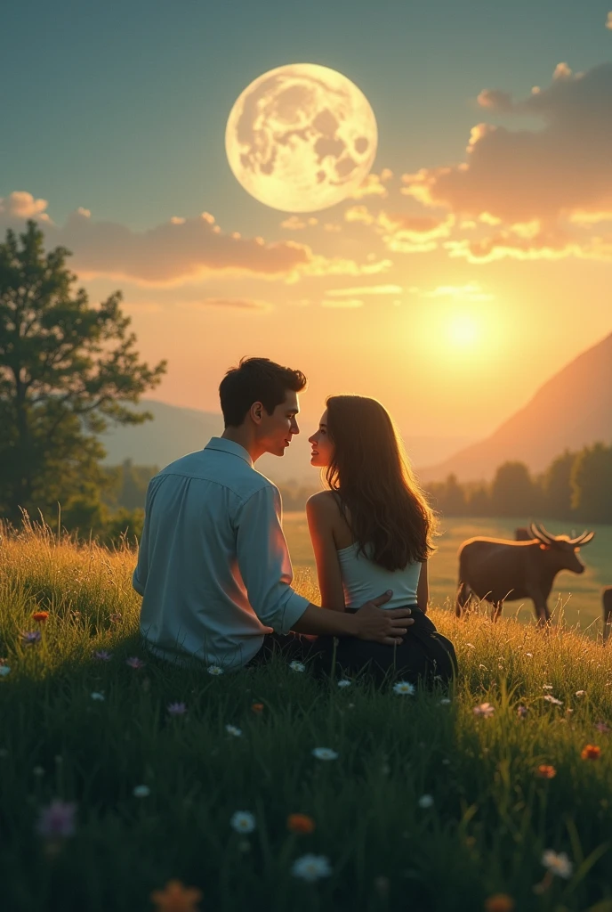 Couples siting on a grass at dusk and sowing an affection to each other. The moon shines on them and there is also a walking cattles to its destination
