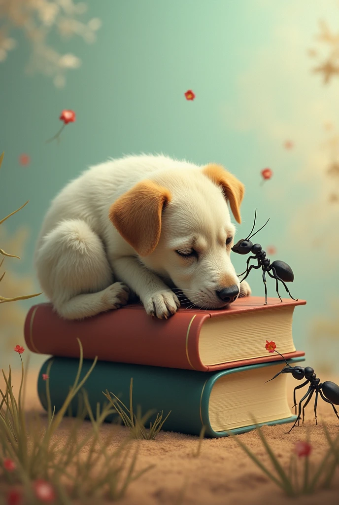The book is sleeping on dog and dog is sitting on ant and book has beautiful eye and kissing a another book and book is to be beautiful eyes