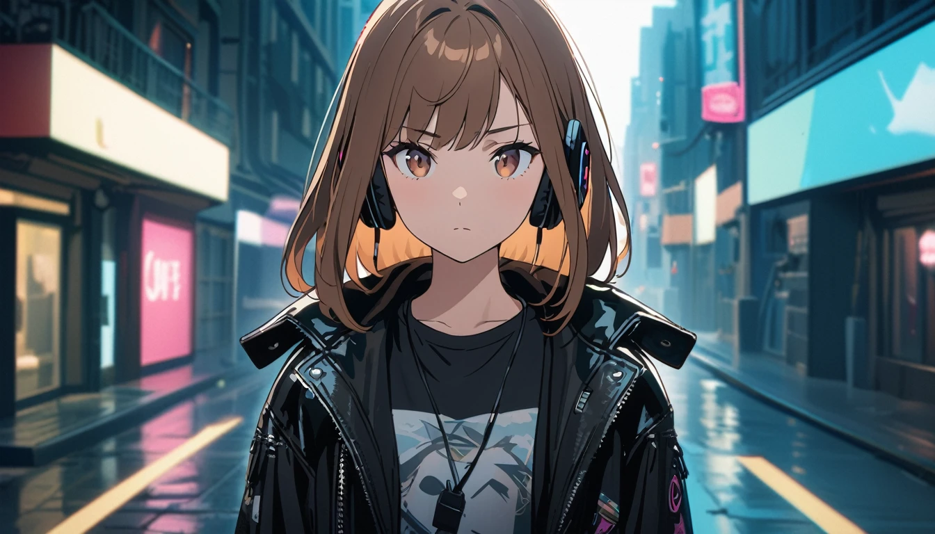 8k,High resolution,photograph,practical,(masterpiece,Highest quality:1.2),Animation Style,alone,Beautiful woman,Upper Body,thin brown hair,Hair loss,Delicate hazel eyes,Perfect female body,(He wears a leather jacket and a rock T-shirt.:1.0) Hooded,eye shadow,sf,cyber punk,Industrialized Building,Depth of written boundary,Background Light Strip、Headphones