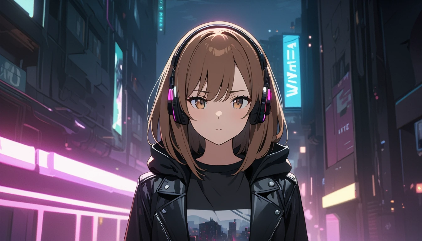 8k,High resolution,photograph,practical,(masterpiece,Highest quality:1.2),Animation Style,alone,Beautiful woman,Upper Body,thin brown hair,Hair loss,Delicate hazel eyes,Perfect female body,(He wears a leather jacket and a rock T-shirt.:1.0) Hooded,eye shadow,sf,cyber punk,Industrialized Building,Depth of written boundary,Background Light Strip、Headphones