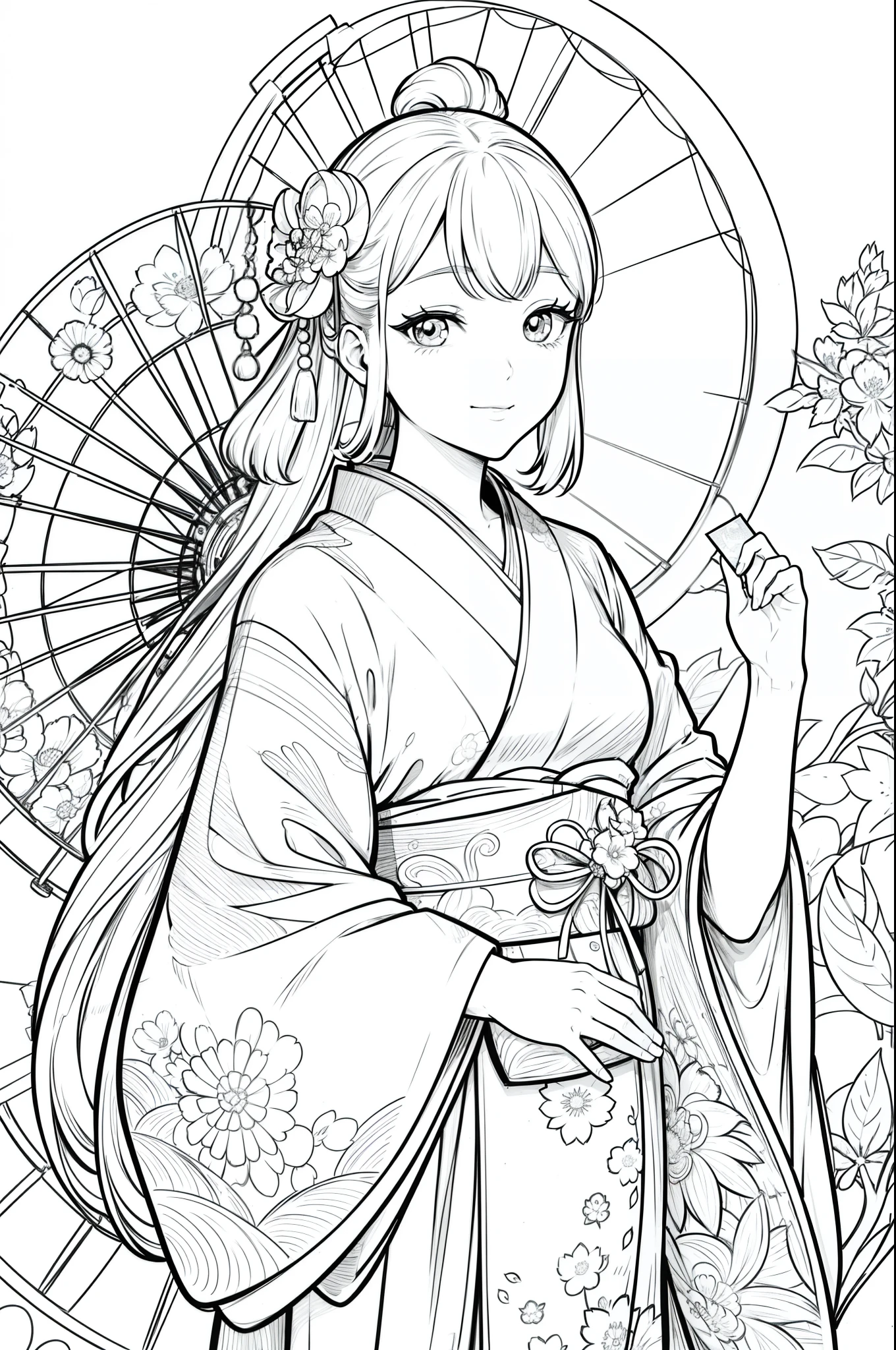 Masterpiece, top class, unique, cute, flowers, line drawing background, white background, monochrome, line drawing, ((sketch)), creepy, white eyes, create a monochrome coloring book that even adults can easily do, a realistic and cute ukiyo-e of a smiling girl in a kimono with a Ferris wheel at an amusement park in the background, hold it in your hand with your smartphone and convey Japanese culture.