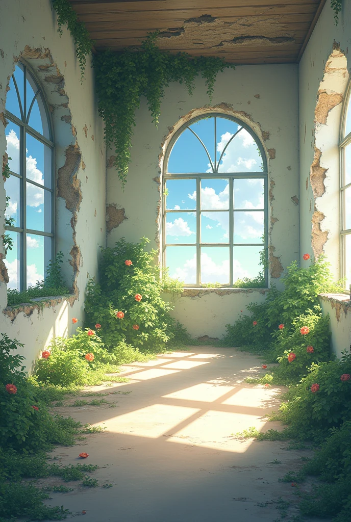 Inside the abandoned room、There are many windows、(The walls are collapsing:1.6)、White Room、The morning sun is shining and it's bright、(Beautiful flowers on the ground and walls々is blooming:1.6)、There is no one、front、high resolution、16:9、Ghibli style
