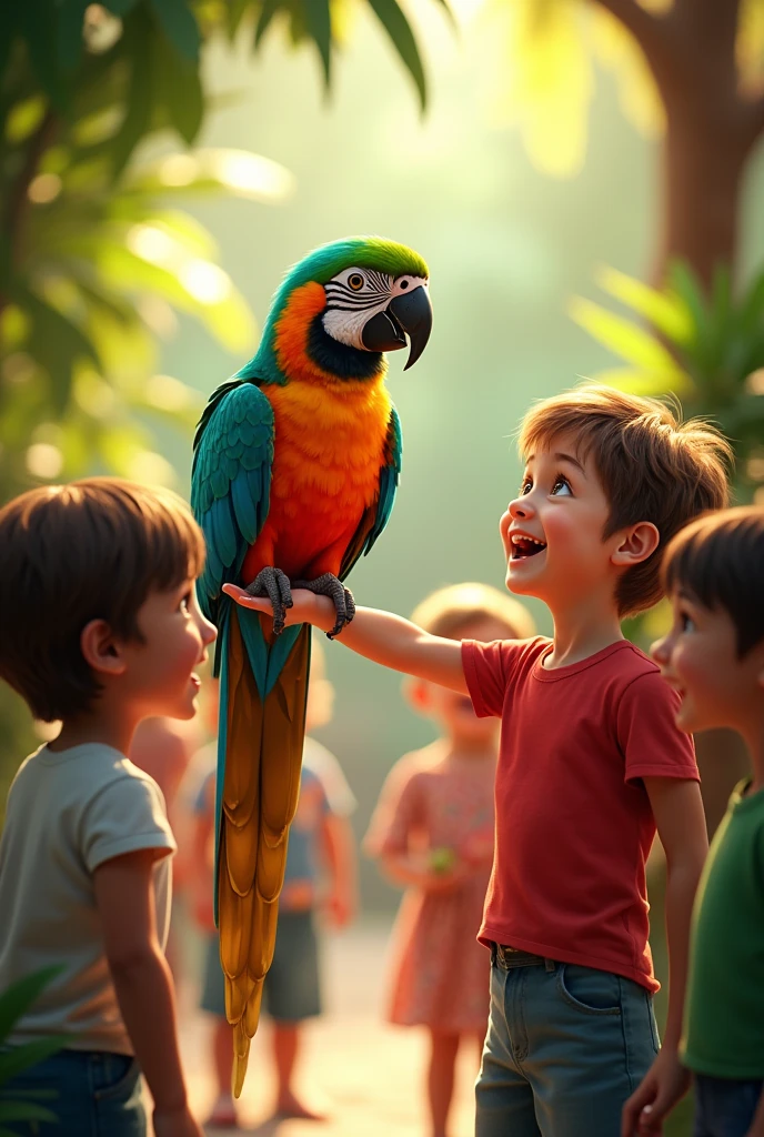 Parrot coming home and happy children