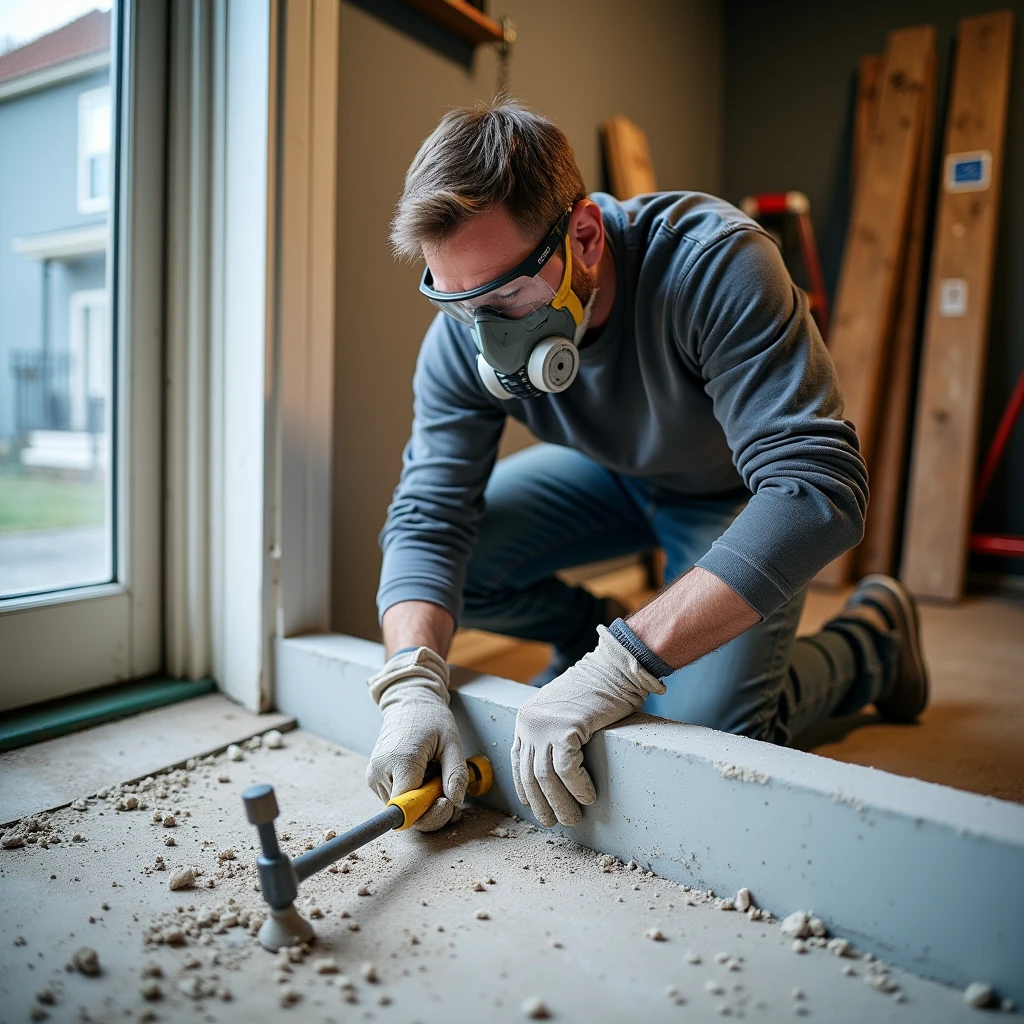 Professional concrete threshold removal service. The image should capture a skilled technician using specialized tools to carefully chip away or trim a concrete threshold or jamb. The technician, wearing protective gear such as gloves, goggles, and a dust mask, should be shown working methodically with precision tools like a chisel and hammer or a power tool. The background should be a well-lit, clean work area, either within a residential setting or a workshop. Emphasize the technician’s expertise and attention to detail, with visible signs of a clean, accurate job and a focus on maintaining the integrity of the surrounding area