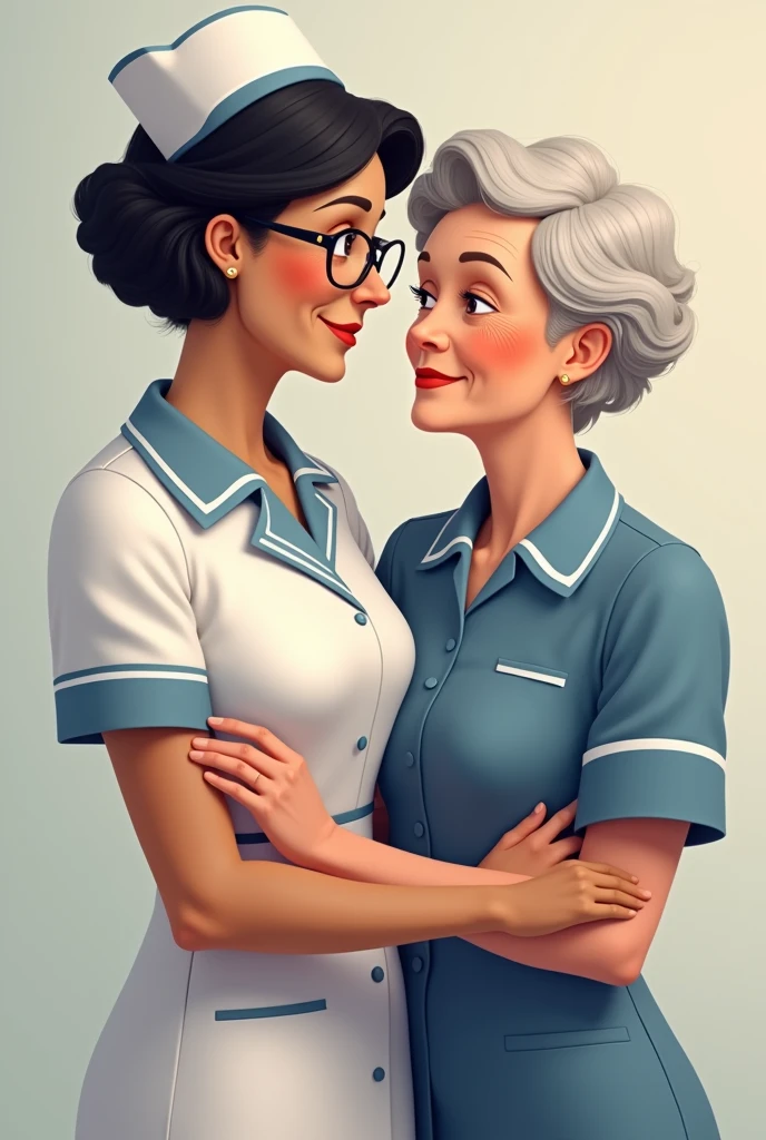 Two 60-year-old nurses, woman, One of them wears glasses、With short black hair、Wearing old nurse uniform。, The other has short, curly light hair and is wearing a nursing suit., Supporting each other