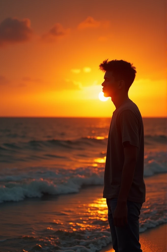 "Capture a silhouette of a young man standing at the edge of the ocean during sunset. The warm, golden light of the setting sun creates a dramatic contrast, highlighting the waves gently crashing on the shore. The boy is lost in thought, his face turned away from the camera, embodying a sense of quiet reflection and melancholy. The caption overlay reads, 'Sometimes happy memories hurt the most,' adding emotional depth to the serene yet bittersweet scene. The mood is contemplative, blending the beauty of nature with the complexity of emotions."