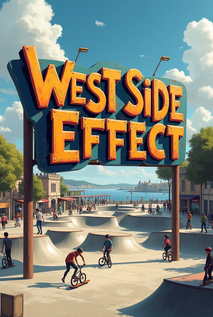 Skatepark a la Rochelle avec marqué west side effect sur un grand panneau