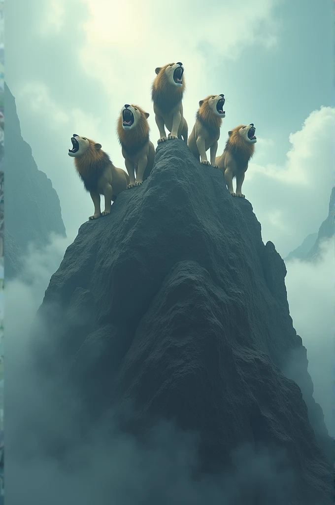 A group of lions roaring at a peak of mountain with fog and smoke and clouds covered