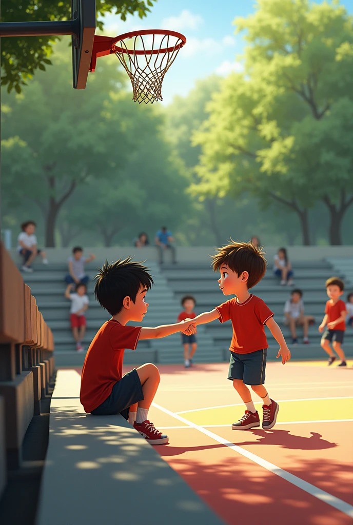 A lonely boy sitting on the bleachers watching a basketball game. Another boy runs over, enthusiastically pulls him into the game. The shy boy hesitates but quickly starts laughing as he joins in.