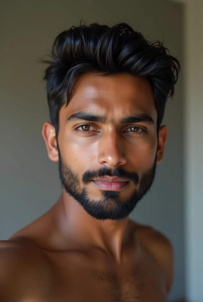 a handsome young Indian man with a bit of beard who is 2, posing for a selfie. Taking a realistic selfie