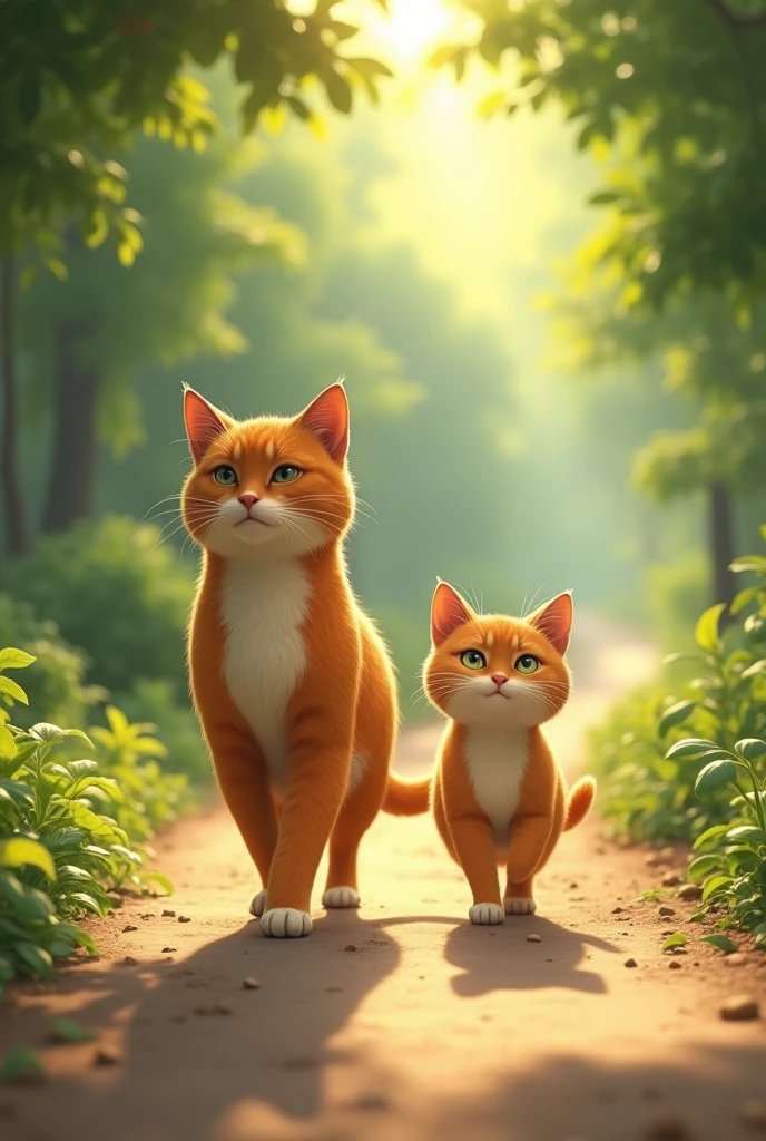 A make cat with his female cat walking on road