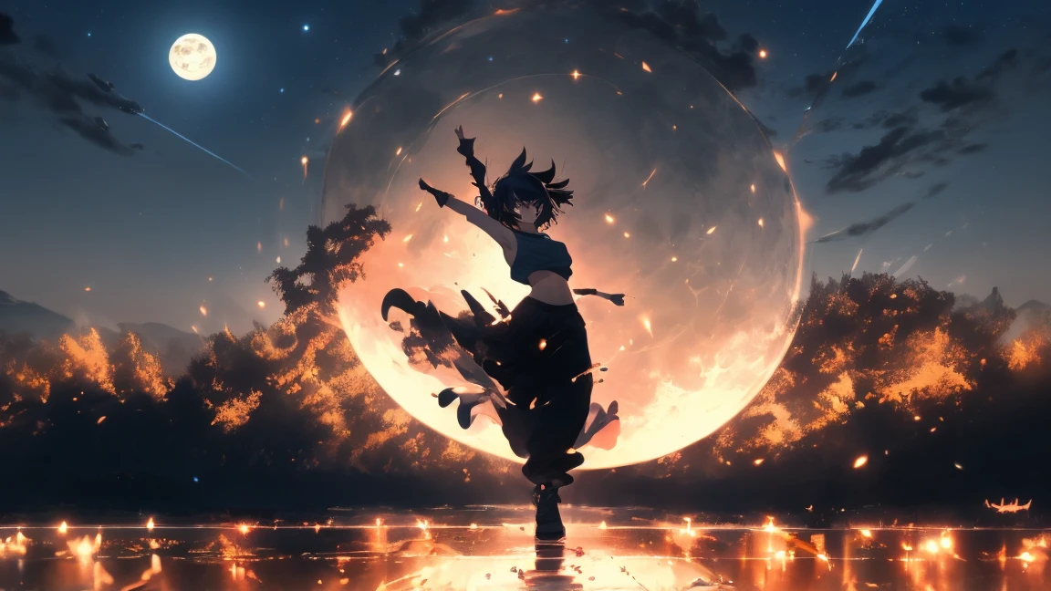"score_9, wide_shot, full_body_shot, wide_angle_lens, deep_Makoto_Shinkai_style, night_scene, large_full_moon, surreal_atmosphere, artful_sense, focus_on_woman_7,

In a vast, empty field under the night sky, a gigantic full moon dominates the scene, occupying nearly 70% of the frame, centered above the horizon. The moon's soft, silvery light spreads across the field, casting a luminous glow that transforms the landscape into a dreamlike setting. The sky is a deep blue, scattered with faint stars, adding to the peacefulness of the night.

In the foreground, captured from a wide-angle view, a young woman in her twenties is dancing gracefully under the moonlight. She has a short bob haircut and is wearing a black crop top and comfortable track pants, giving her a modern and athletic appearance. Her pose is expressive and free, with arms outstretched, as she moves joyfully across the open field. The moonlight enhances her silhouette, making her the focal point against the expansive background.

The scene should be depicted in the style of Makoto Shinkai, with an emphasis on the interplay of light and shadow, and the rich, vivid contrast between the silvery moonlight and the dark field. The wide-angle perspective highlights the vastness of the landscape, making the moon appear even larger and the field more expansive. The overall composition should evoke a sense of wonder and tranquility, blending the reality of the natural world with the surreal, artistic quality of Shinkai’s work, creating a scene that feels both intimate and boundless."