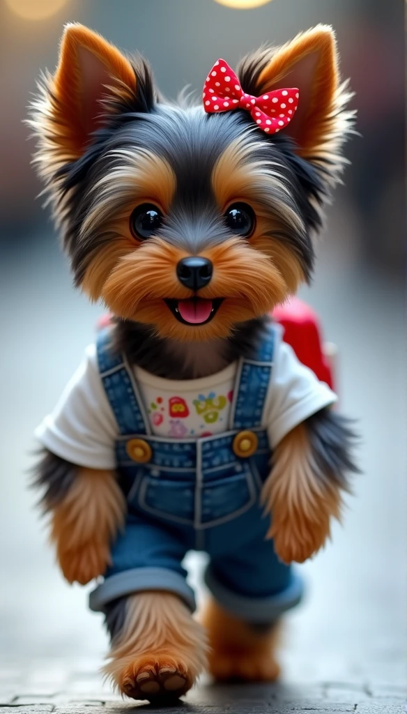 cute adorable Yorkshire Terrier puppy with a black-blue coat, lighter shades on face and paws. Her fur is long silky and smooth, triangolar ears, Fur length on the body: around 5 cm , Fur length on the ears: about 3 cm, Ear dimensions: approximately 3 cm in length and 3 cm in width wears TWO small red bows with white polka dots and mid long pigtails on her head, and a jeans salopette with white T-shirt and colorful backpack, walking on runway. The puppy has sparkling eyes and a cheerful, slightly open mouth
