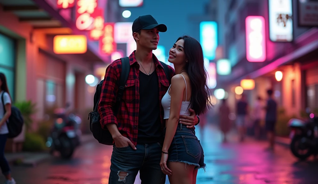Hyper realistic, a 2 Indonesia man walking on the neon cyberpunk street, ideal body, look straight ahead, wearing dark red flannel shirt and dark ripped jeans pants and black hiking hi-shoes with black backward trucker hat, wear dark leather backpack, wear headphone, masculine photoshoot pose, arrogant man expression, together with his beautiful girlfriend with long hair and dressed summer clothes, romantic, Bandung night town as background. Use soft photography lighting. top lighting. top lighting, slide lighting, high quality photos, UHD, 64k. shot with Canon EOS 5D Mark IV, cinematic portrait, Realistic face, not changing face, no mustache, Real photo, unchanging face, background change. Real Picture 8k ultra, man, gamer, hyper detailed, sharp focus, studio photo, intricate details, highly detailed, photo real, bright colors, digital graphics, unreal engine, blender art, perfect composition, octane rendering, masterpiece, sharp focus, high detail, art station, concept art, perfect composition, a model of ultra-high quality and clarity, perfect play of light and shadow, 32k UHD, hyper-detailing, complex artistic masterpiece, ((best quality)), ((masterpiece)), (detailed), perfect face