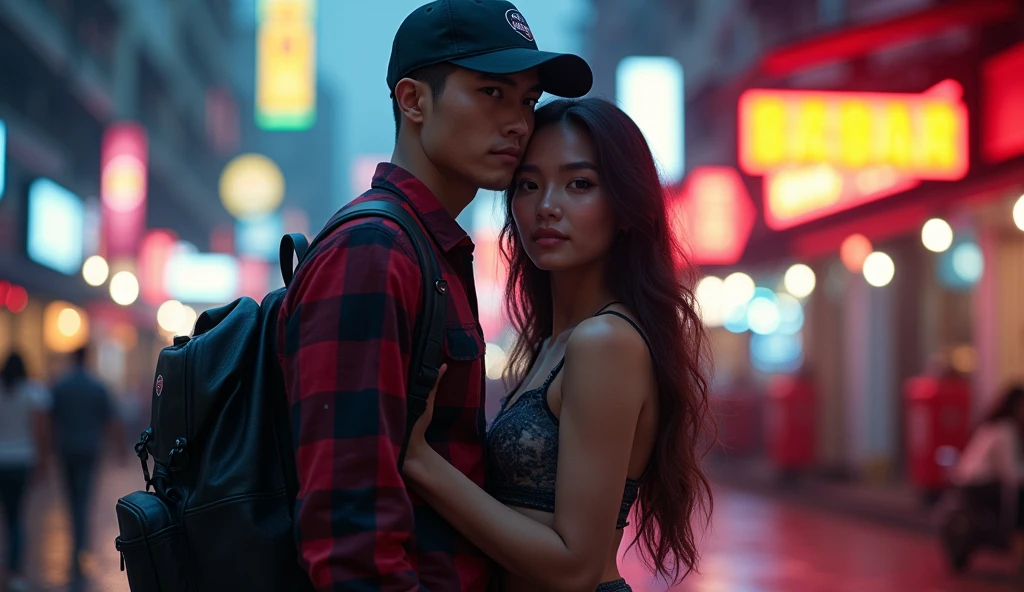 Hyper realistic, a 2 Indonesia man walking on the neon cyberpunk street, ideal body, look straight ahead, wearing dark red flannel shirt and dark ripped jeans pants and black hiking hi-shoes with black backward trucker hat, wear dark leather backpack, wear headphone, masculine photoshoot pose, arrogant man expression, together with his beautiful girlfriend with long hair and dressed summer clothes, romantic, Bandung night town as background. Use soft photography lighting. top lighting. top lighting, slide lighting, high quality photos, UHD, 64k. shot with Canon EOS 5D Mark IV, cinematic portrait, Realistic face, not changing face, no mustache, Real photo, unchanging face, background change. Real Picture 8k ultra, man, gamer, hyper detailed, sharp focus, studio photo, intricate details, highly detailed, photo real, bright colors, digital graphics, unreal engine, blender art, perfect composition, octane rendering, masterpiece, sharp focus, high detail, art station, concept art, perfect composition, a model of ultra-high quality and clarity, perfect play of light and shadow, 32k UHD, hyper-detailing, complex artistic masterpiece, ((best quality)), ((masterpiece)), (detailed), perfect face