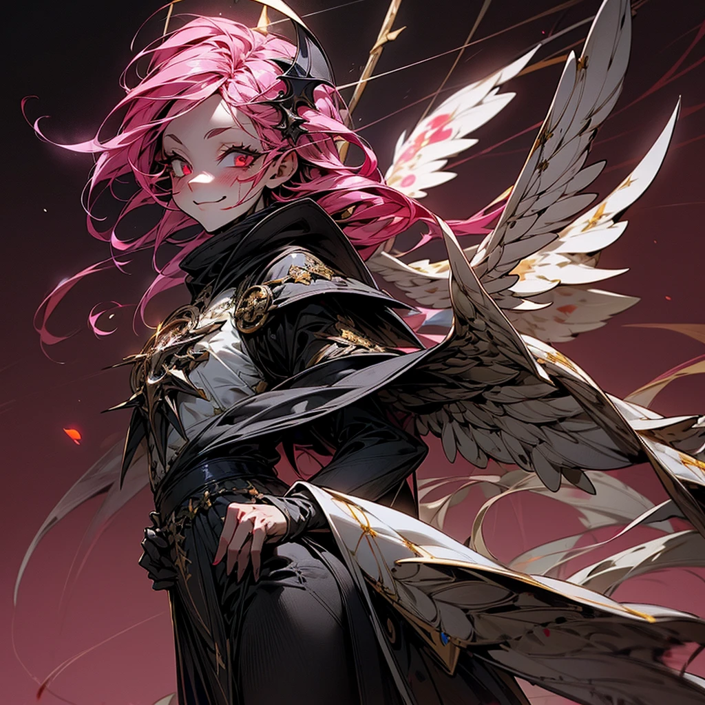 (hyper super ultra detailed perfect piece), illustration, Masterpiece, very fine 8K CG, (Woman, massacre, 1 tail pink hair, Red eye ,Cute, horror smile, in school uniform, Bloody arms, Blood tail), Glowing eyes, (Horror \(Theme\), (((Flat background))), Space background, INFO , Clerical Black Cope Vestment Chasuble , provocative smile, closed mouth, (evil:1.2) , Photon Energy Wing