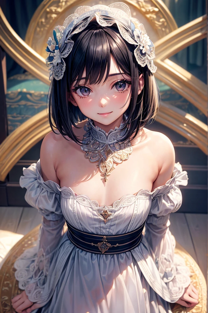 ((masterpiece, best quality, ultra-detailed, high resolution, extremely detailed CG, super detailed, Most beautiful clean lighting)), 1girl, girl, undere girl, pretty face, smile, white skin, Beautiful black hair, hair cut in a row, bob cut, straight hair, black eyes, kawaii, slender, small build, kawaii, little body, divine garment, fantastic landscape, ultimate beauty