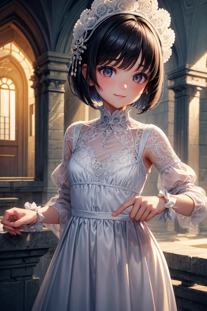 ((masterpiece, best quality, ultra-detailed, high resolution, extremely detailed CG, super detailed, Most beautiful clean lighting)), 1girl, small girl, under 12, cute girl, pretty face, smile, white skin, Beautiful black hair, hair cut in a row, bob cut, straight hair, black eyes, kawaii, slender, small build, kawaii, little body, divine garment, fantastic landscape, ultimate beauty