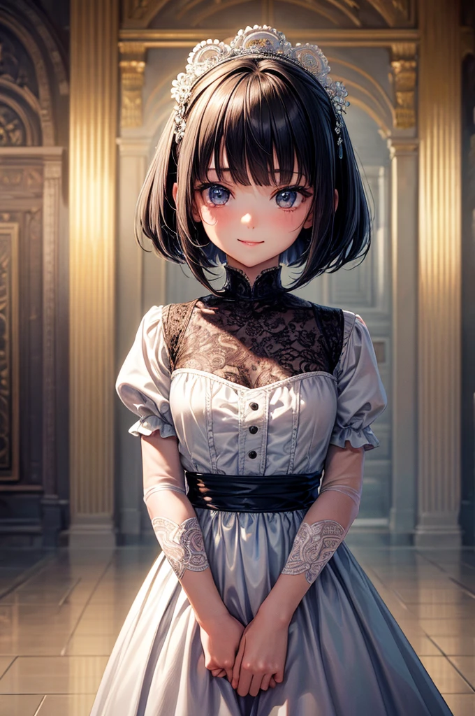 ((masterpiece, best quality, ultra-detailed, high resolution, extremely detailed CG, super detailed, Most beautiful clean lighting)), 1girl, small girl, under 12, cute girl, pretty face, smile, white skin, Beautiful black hair, hair cut in a row, bob cut, straight hair, black eyes, kawaii, slender, small build, kawaii, little body, divine garment, fantastic landscape, ultimate beauty