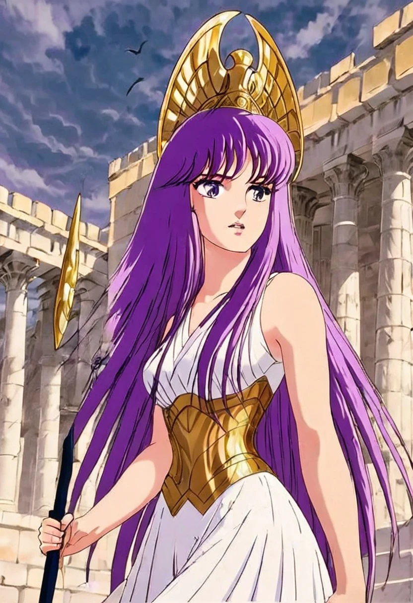  Greek Goddess Athena, Purple Hair, Wearing golden hoplite armor and helmet, Attack pose, Wield a hot-roasting knife, Looking at the audience, wise, impressive, Seductive eyes, In front of the Parthenon, Drawn in the style of Yoshitaka Amano, High resolution, Super sharp, 8k, masterpiece
