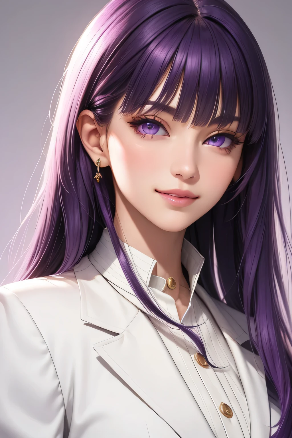 (masterpiece, Best quality), complex parts, thin, ((slim)), beautiful girl, purple hair, blunt bangs, light purple eyes, sharp jawline, White coat, long hair, lips, upper body, Close-up, Smirk