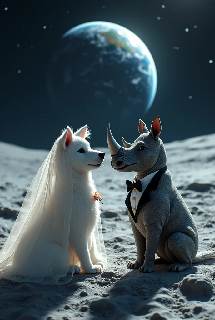 dog marrying rhino on the moon