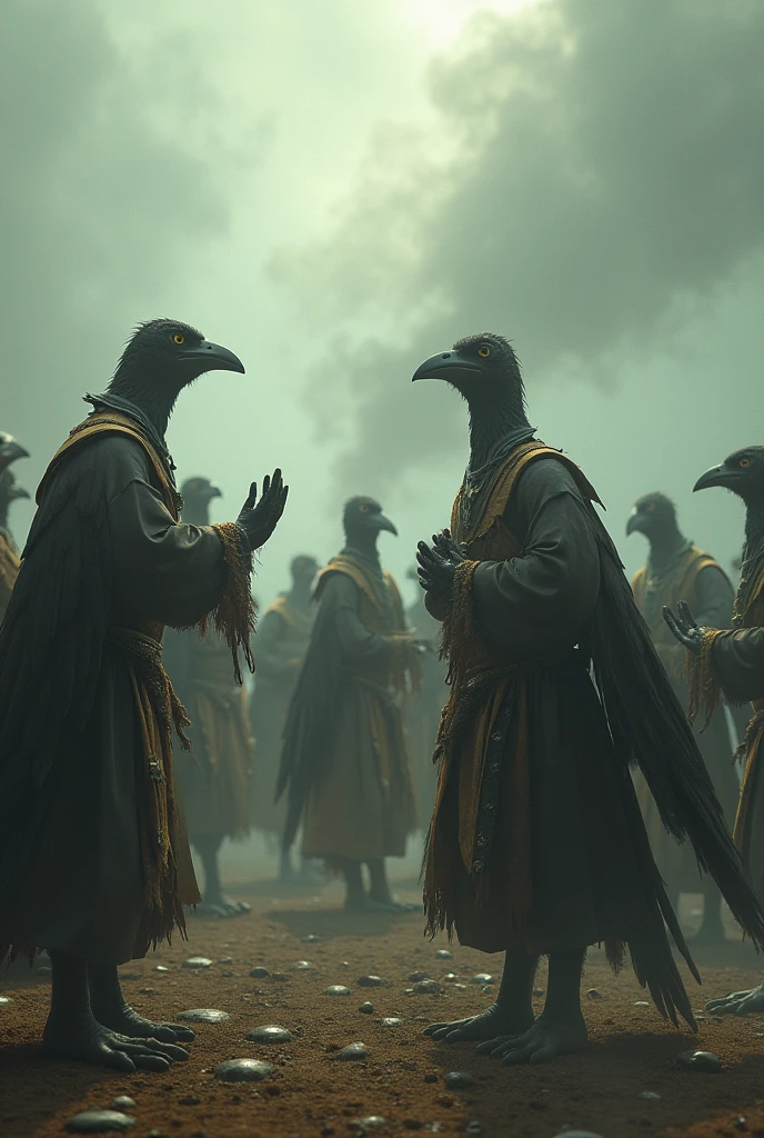 The scene is atmospheric and open, ancient sacrificial pictures, smoky and full of smoke, birds in human clothes dancing, worshiping Sunday, (detailed costume details, detailed clothing light sense), faintly appearing, detailed bird feather details, cumbersome and complex picture feeling, (full of weird and mysterious pictures), the background is cloudy, photos are realistic, 8k,